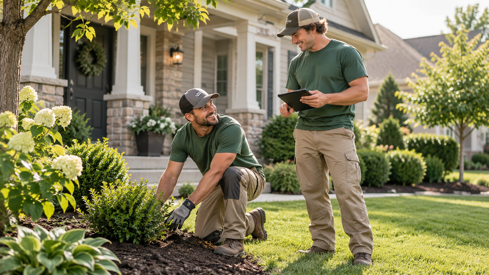 Two landscaping professionals working together in a well-maintained residential yard.