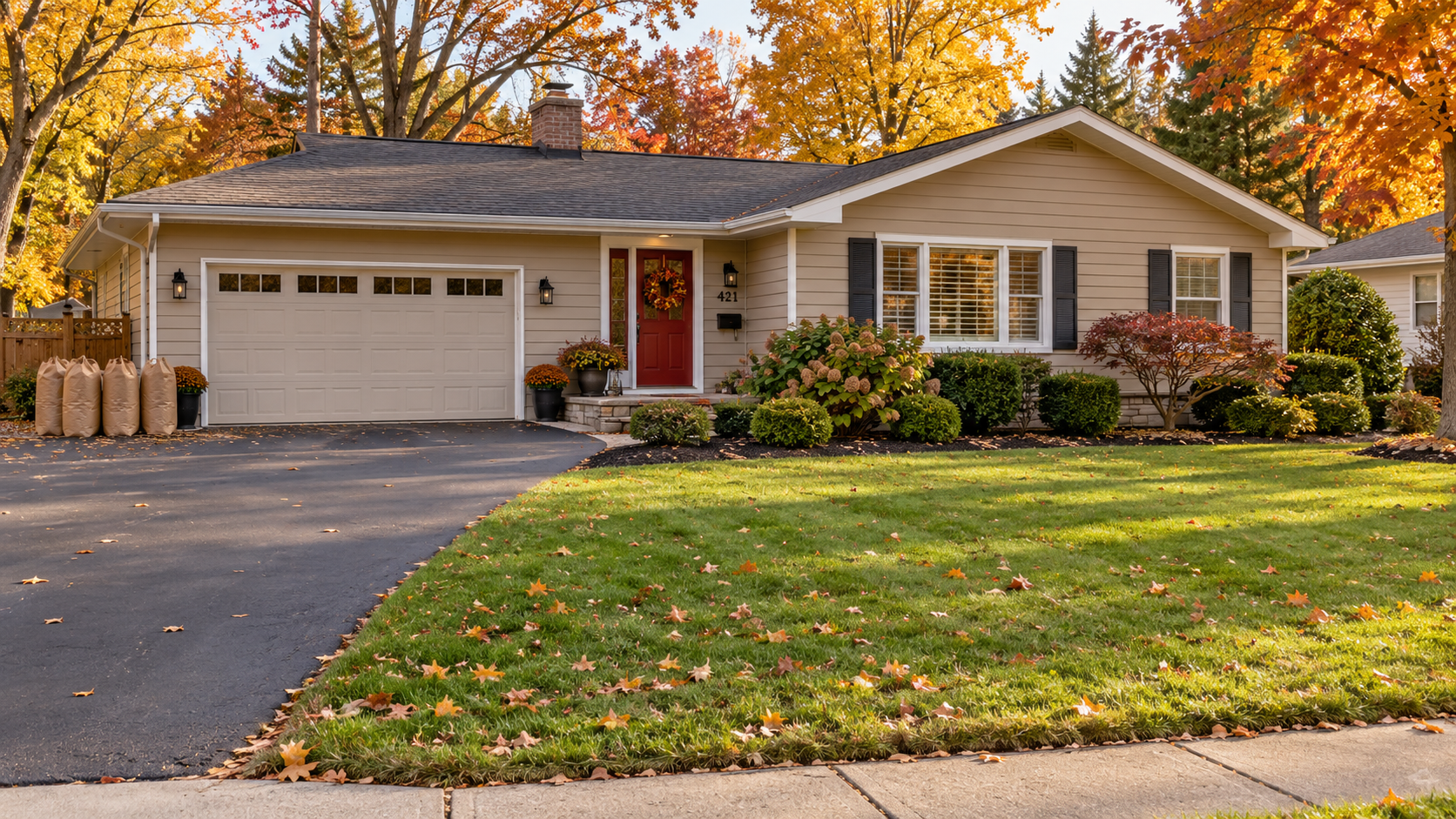 Residential lawn after fall cleanup with leaves removed and yard waste collected.