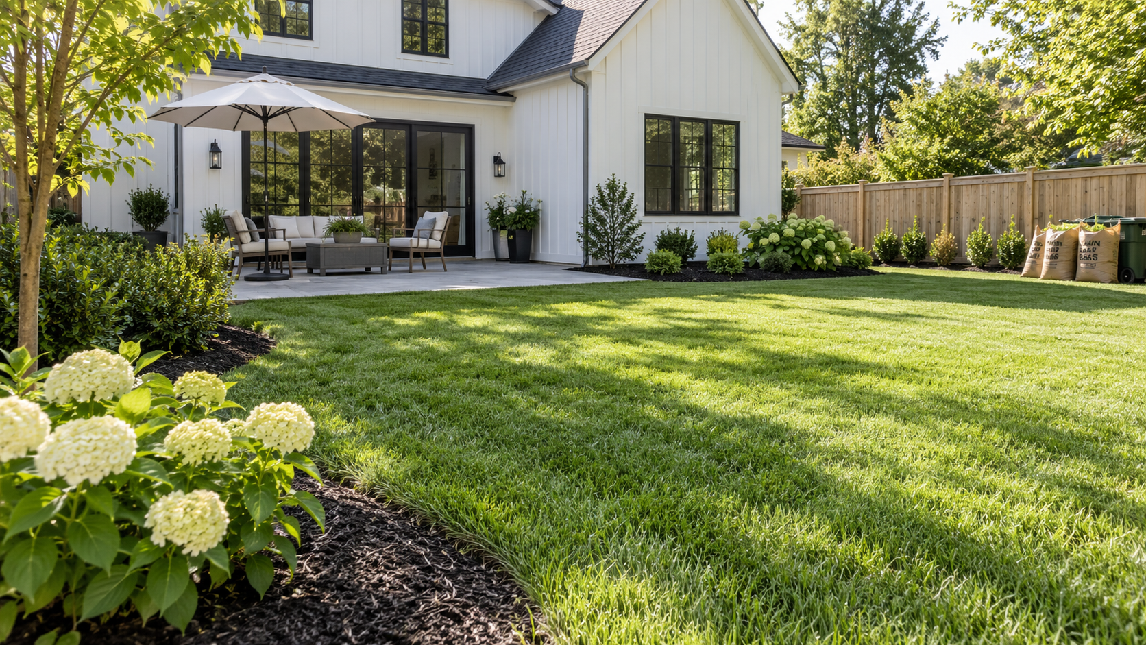Clean residential backyard after seasonal cleanup with maintained lawn and refreshed landscape beds.