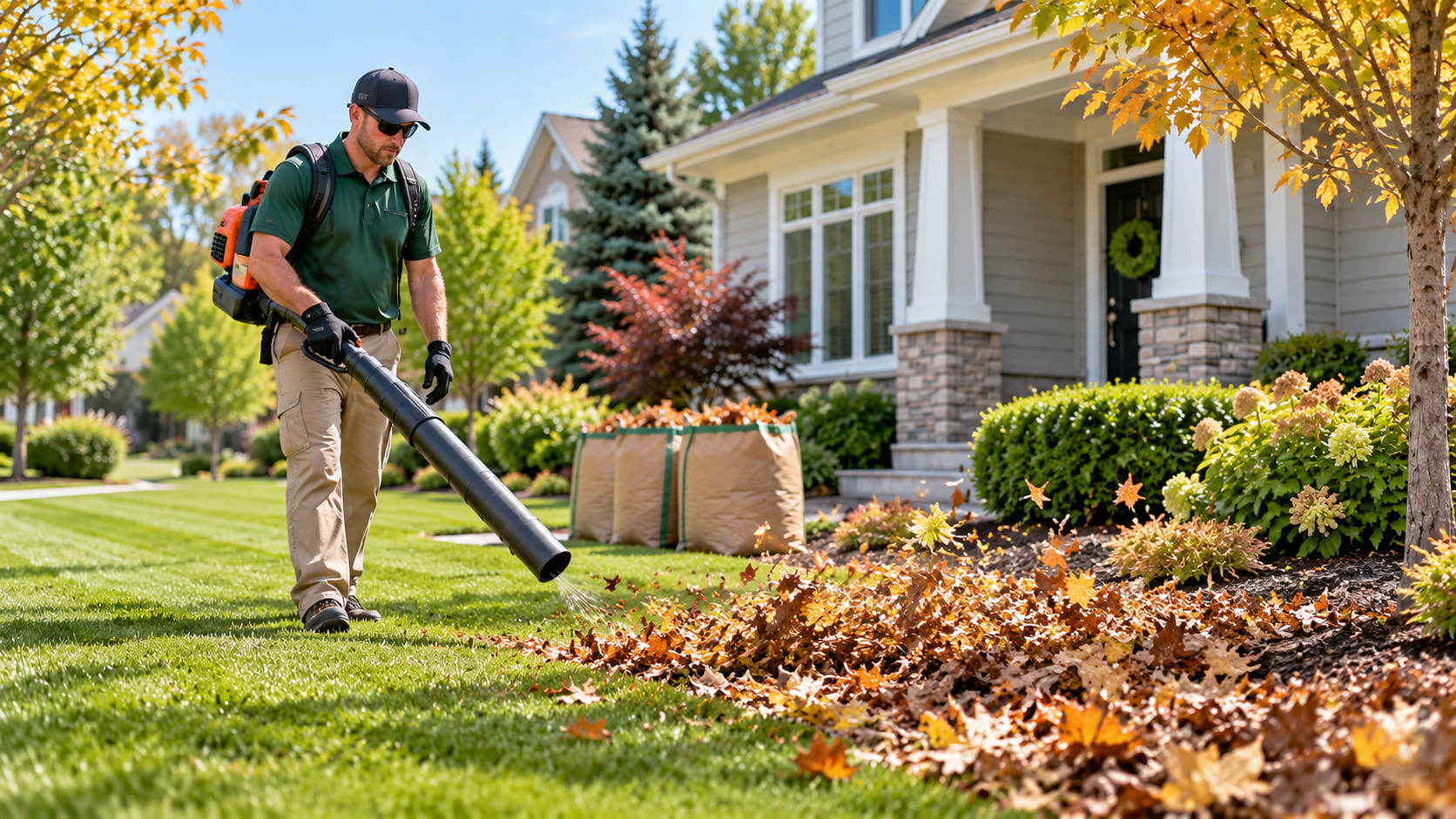 Professional yard cleanup service removing leaves from a residential property.