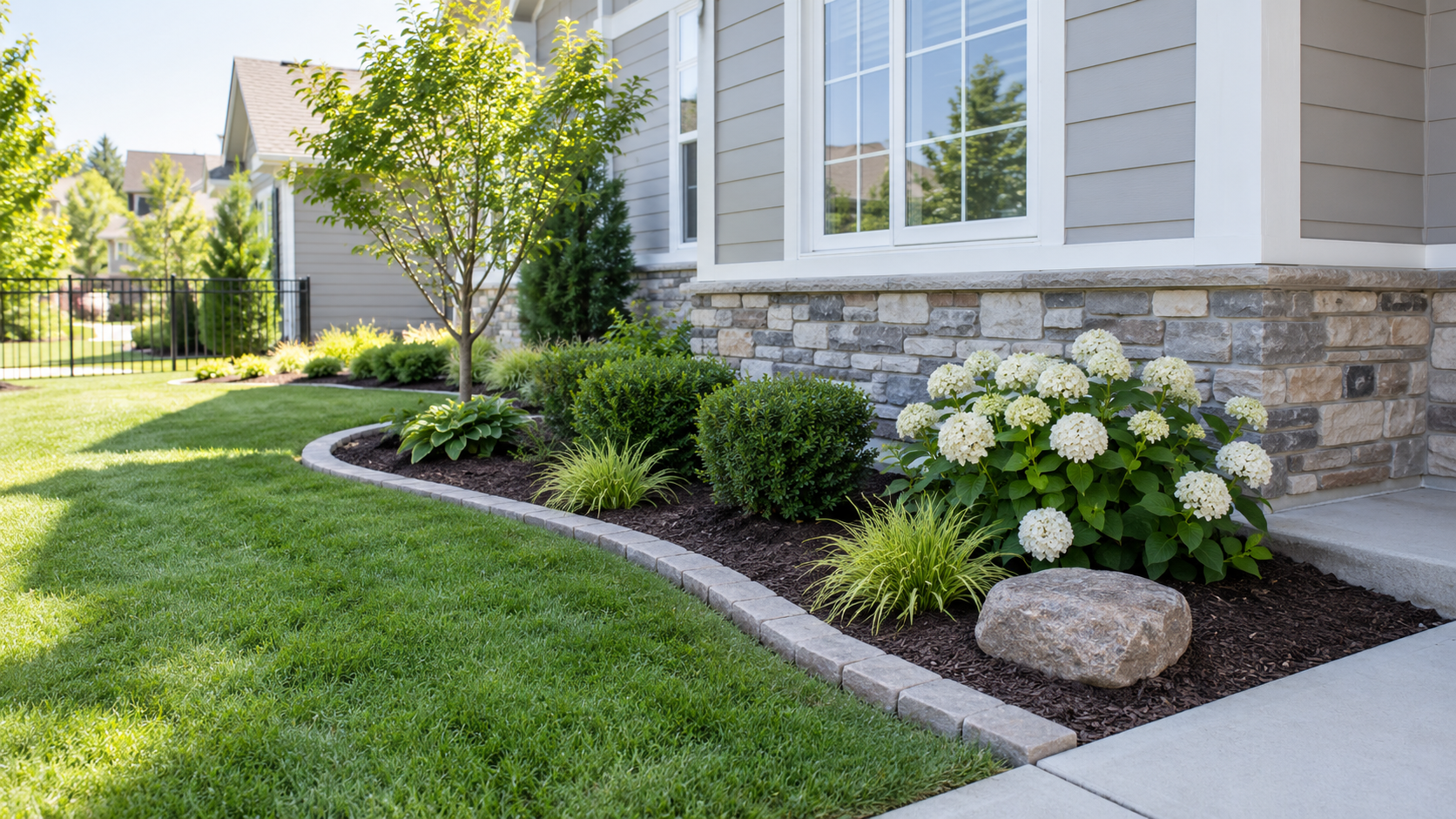 Landscaped side yard with hydrangeas, shrubs, ornamental grasses, mulch, and stone edging.