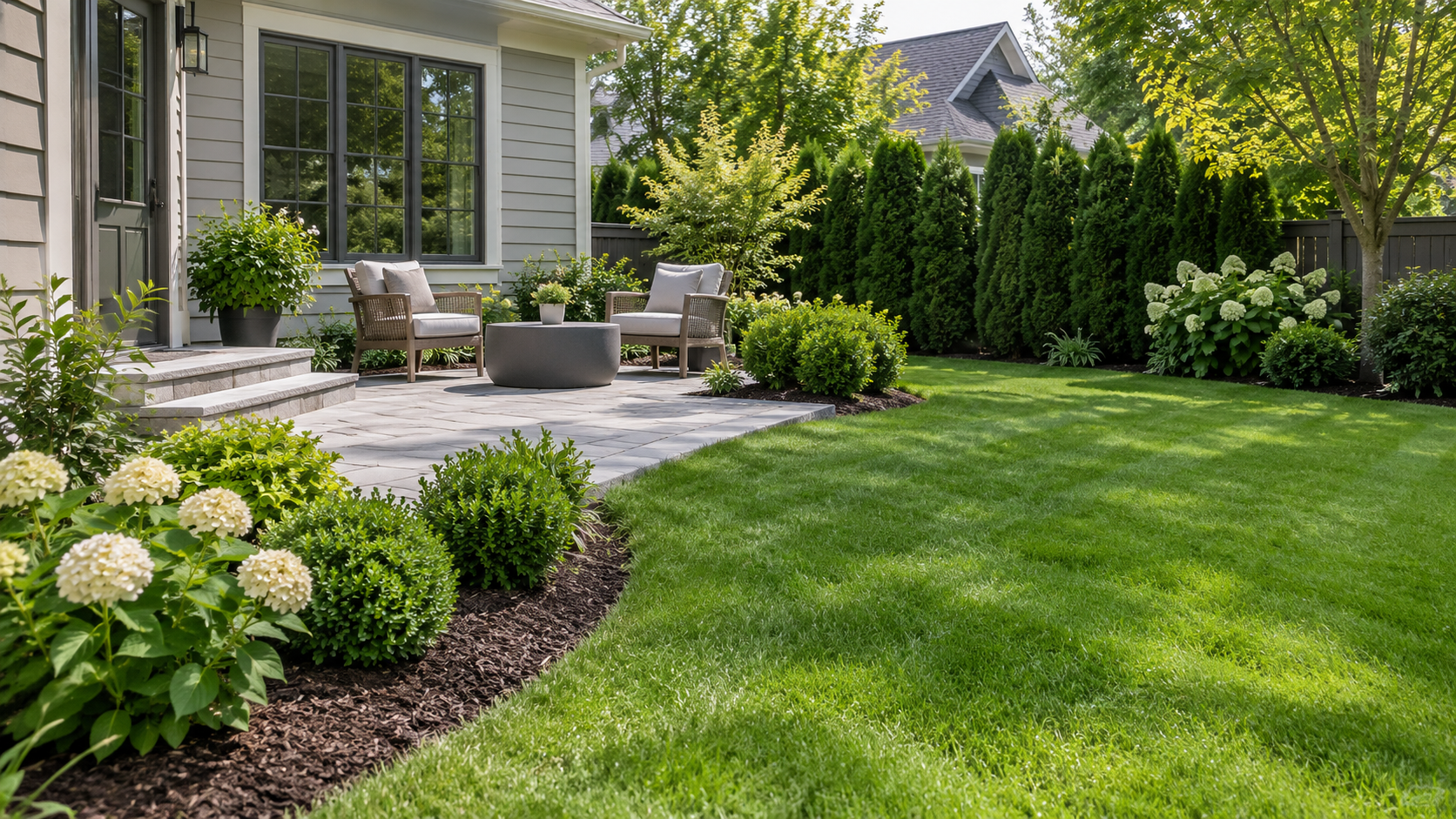 Maintained backyard lawn with simple landscaping surrounding a small residential patio.