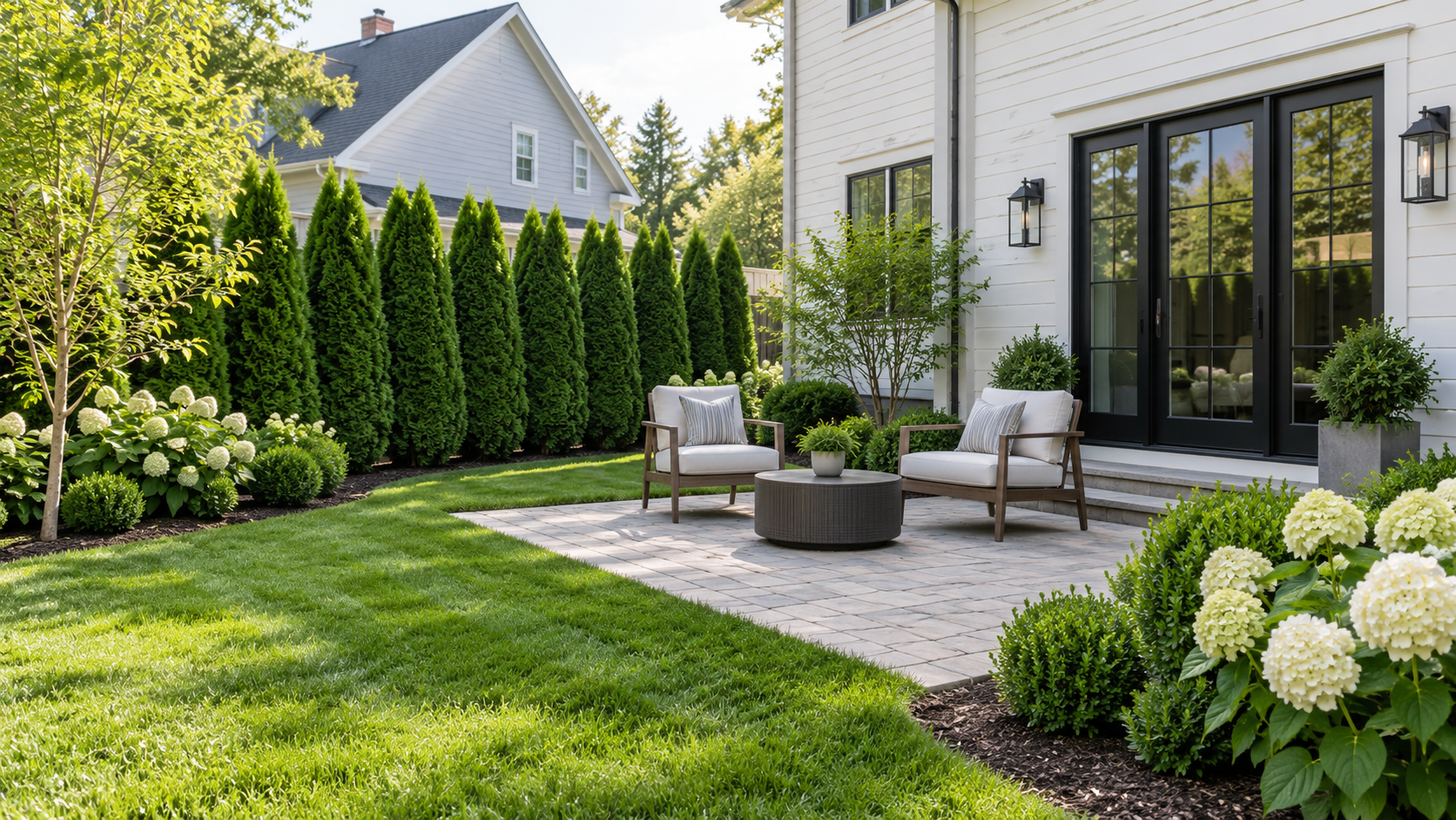 Small backyard patio surrounded by maintained grass, shrubs, hydrangeas, and privacy evergreens.