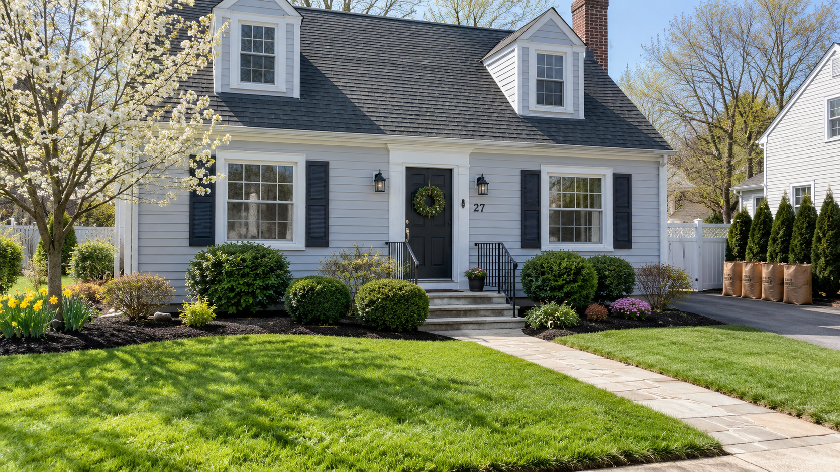 Clean residential yard after spring cleanup with fresh mulch beds and collected yard debris.