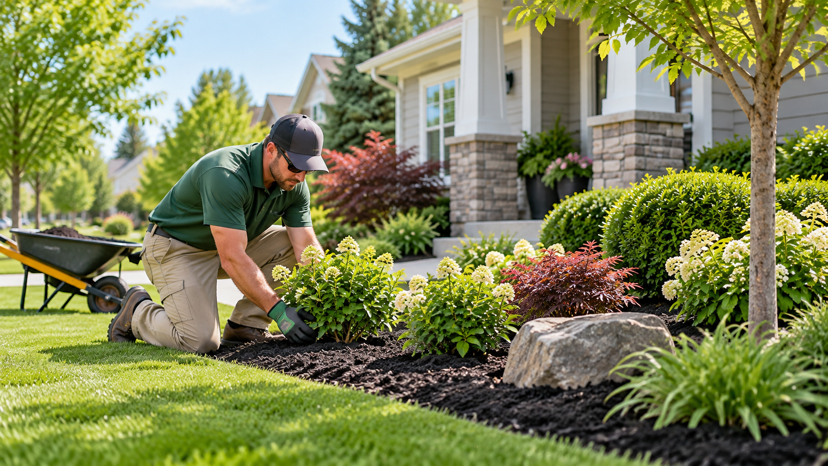 Professional landscaper planting shrubs in a residential landscape bed.