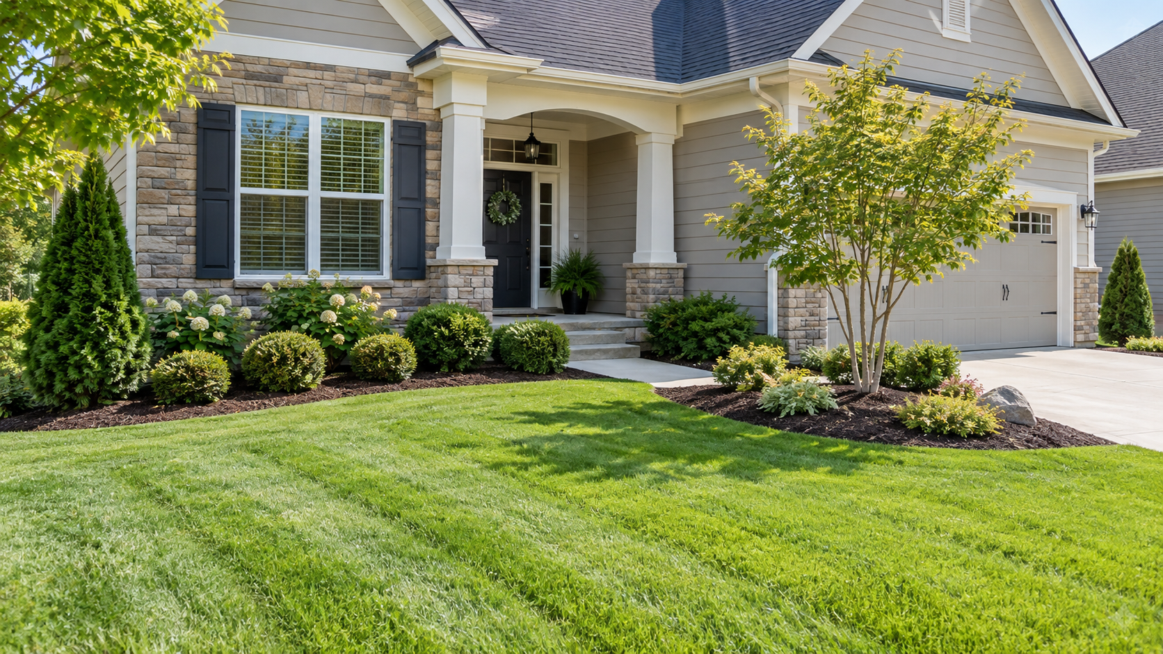 Well-maintained residential front lawn with simple landscaped garden beds and shrubs.
