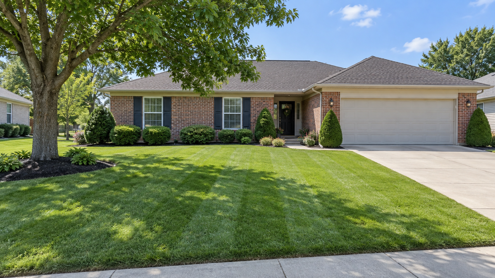 Freshly cut residential lawn in front of a brick ranch home with trimmed landscaping.