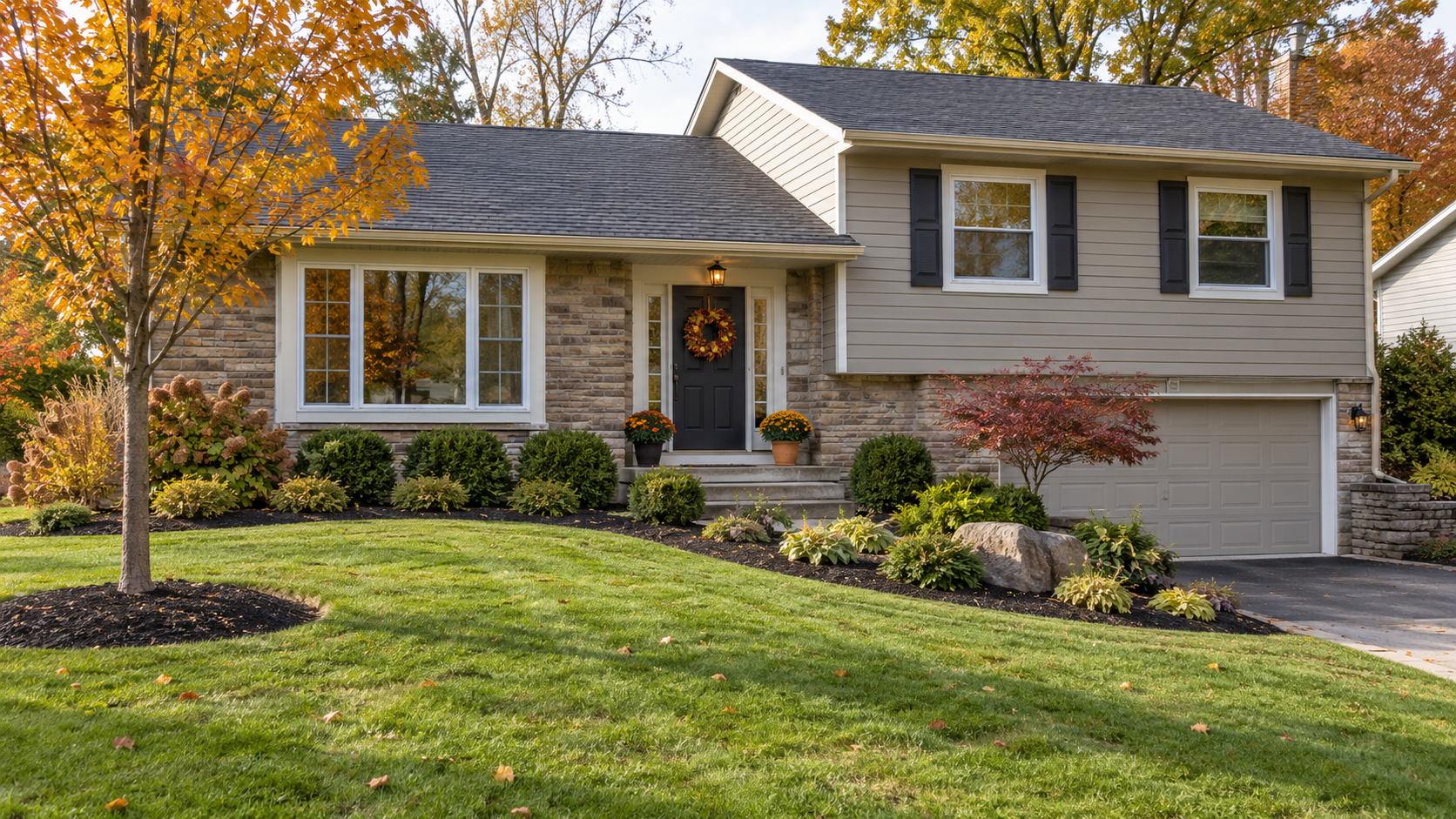 Clean residential lawn and landscape beds after a fall leaf cleanup.