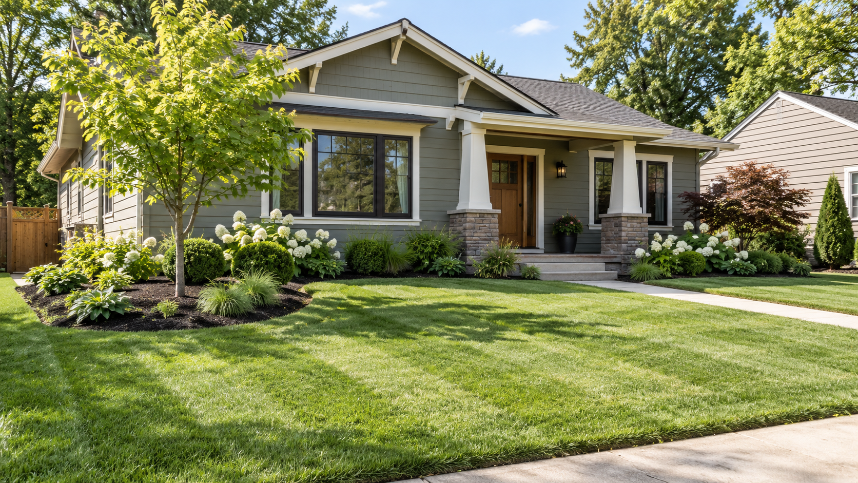 Craftsman-style home with maintained lawn, fresh mulch, shrubs, and simple flowering plants.