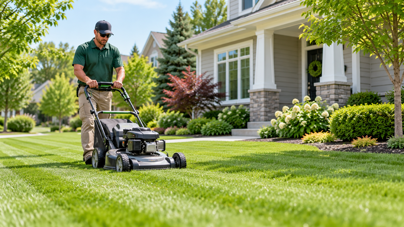 Professional lawn care service mowing a well-maintained residential yard.