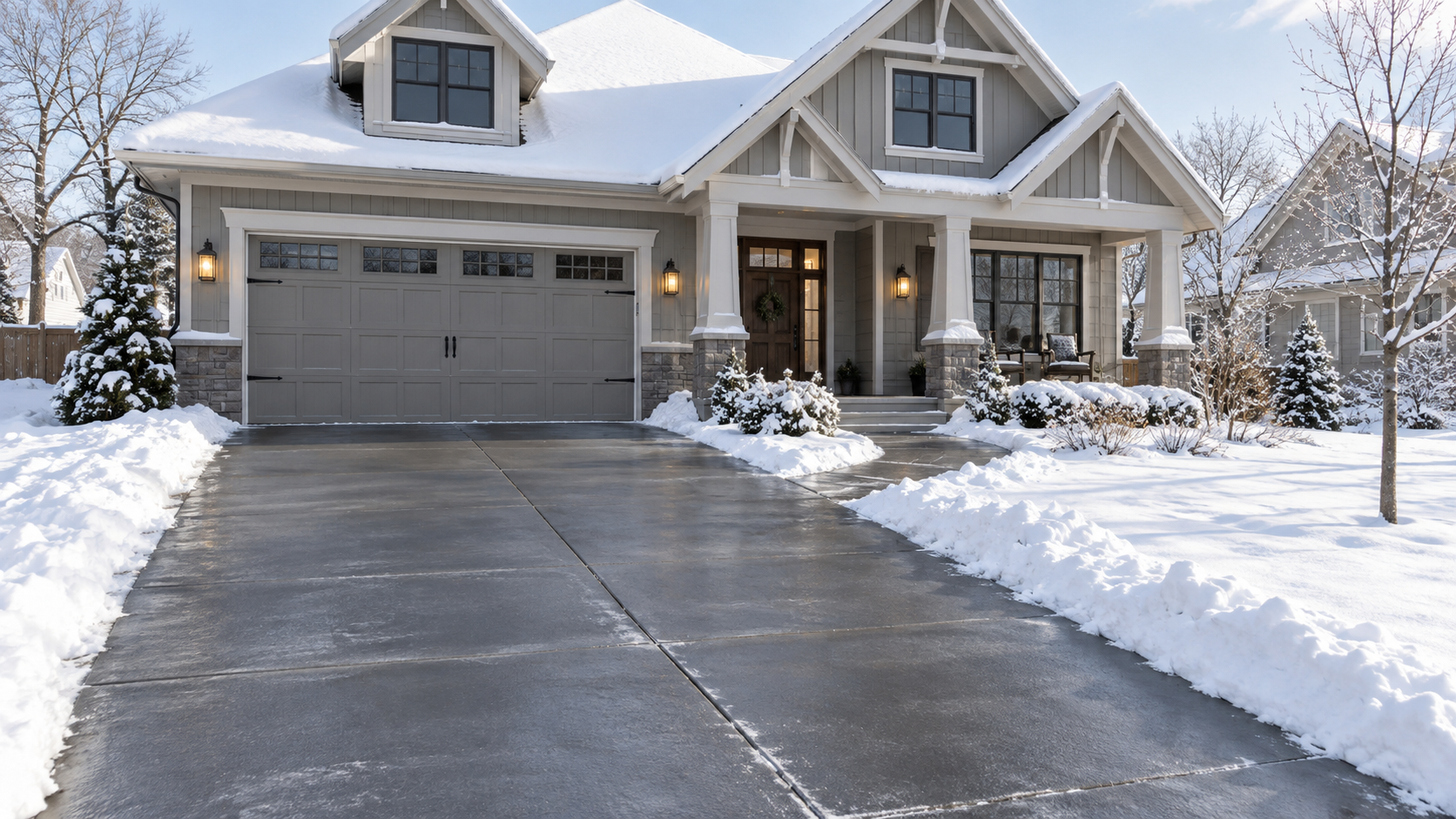 Snow-covered suburban home with a professionally cleared driveway and walkway.