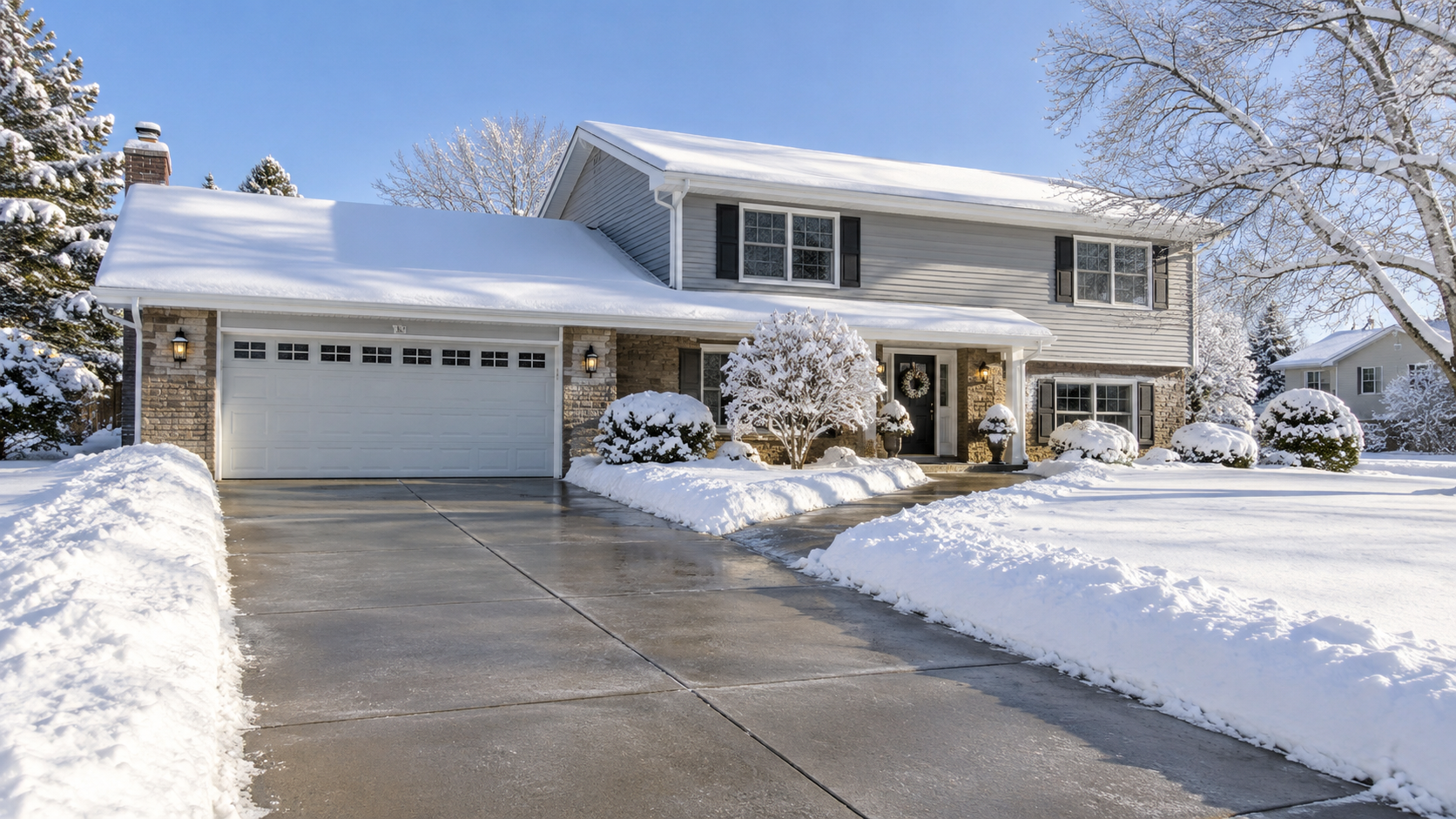 Residential driveway cleared of snow with snowbanks neatly pushed along both sides.