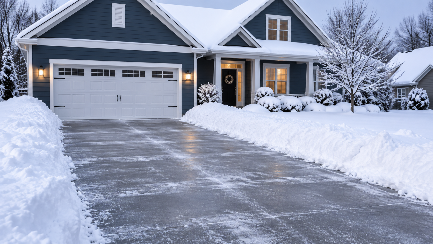Blue-gray suburban home with a freshly cleared driveway surrounded by deep winter snow.